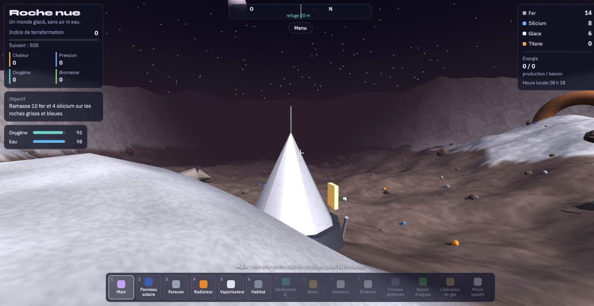 Terraforme en cours de partie : la capsule posée sur une planète gelée sous un ciel étoilé, barre de machines en bas